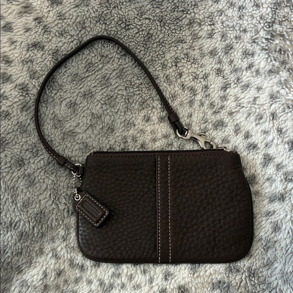 Coach Dark Brown Pebbled Leather Wristlet